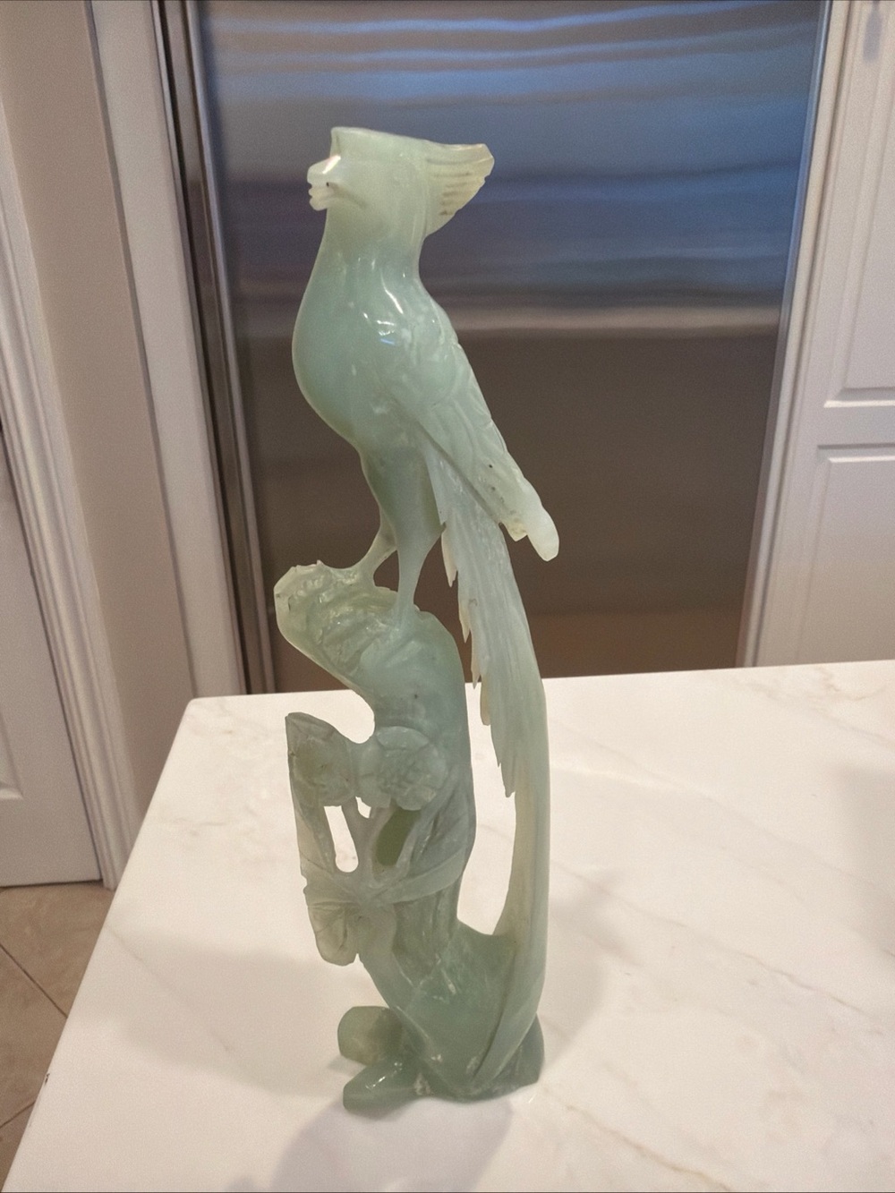 Celadon Jadite Bird of Paradise (Feng Huang) Handcarved in Original Box Vintage